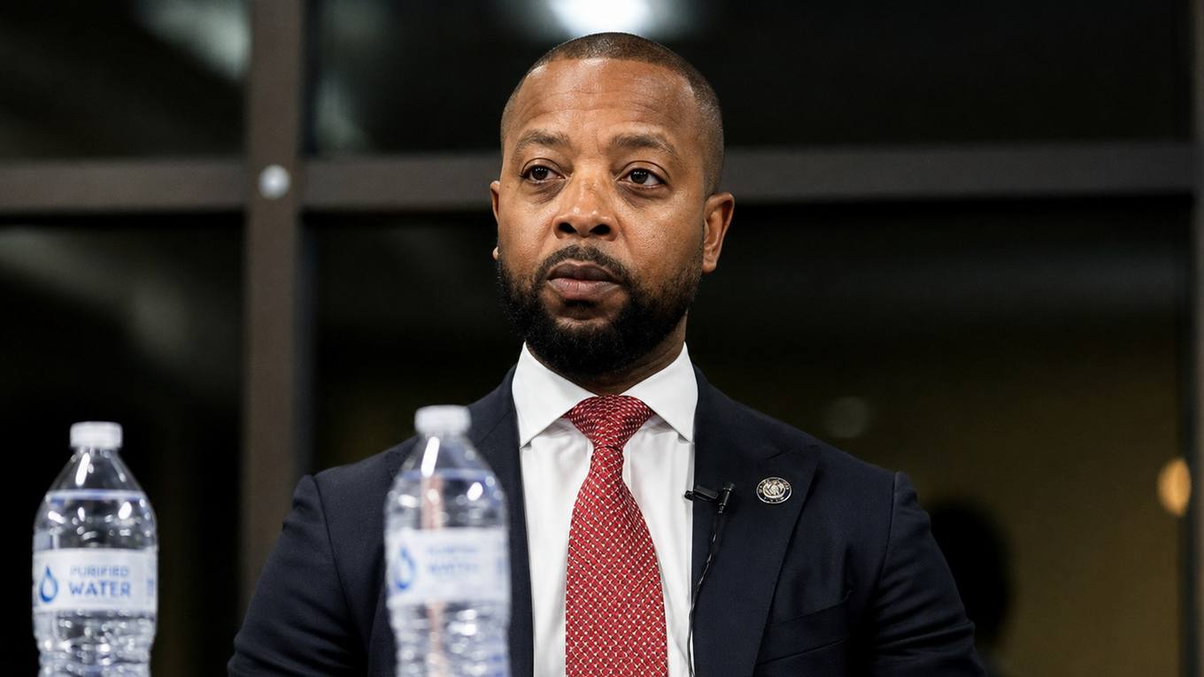 A county official in a dark suit and red tie sits at a table with water bottles and a microphone during a public meeting.