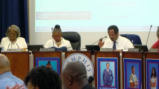 Memphis-Shelby County Schools board members at the dais during a board meeting ahead of the August 3 start of the 2026-27 school year.