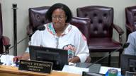 Shelby County Commissioner Britney Thornton, District 10, asks whether local data centers are current on their property taxes during a commission committee meeting, with a nameplate visible on the dais.