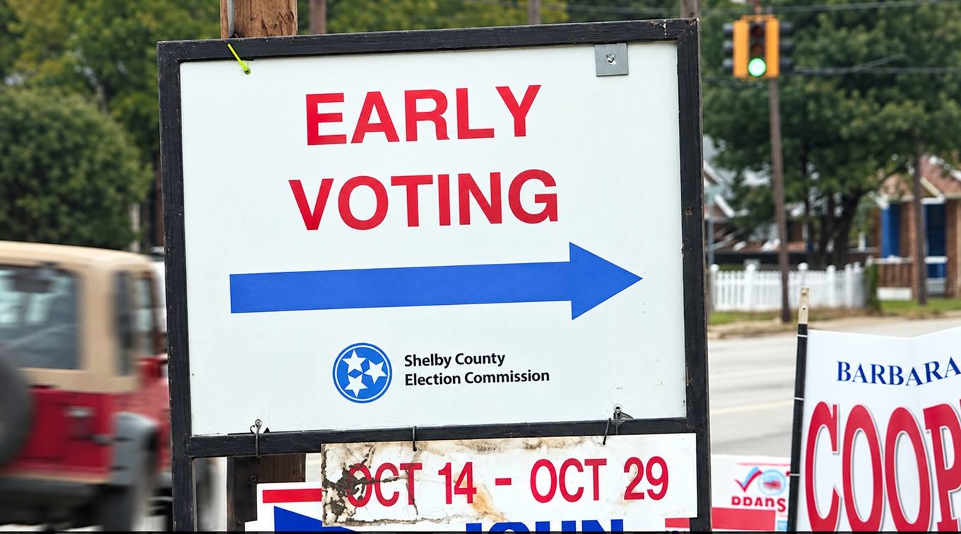 A roadside Shelby County Election Commission sign reads Early Voting with a right-pointing arrow and October 14 to October 29 dates.