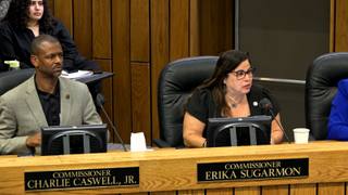 Commissioner Charlie A. Caswell Jr. and Commissioner Erika Sugarmon seated at the Shelby County Commission dais during the Aug. 24, 2026 meeting