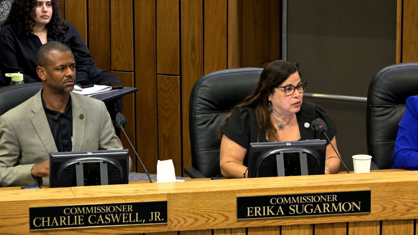 Commissioner Charlie A. Caswell Jr. and Commissioner Erika Sugarmon seated at the Shelby County Commission dais during the Aug. 24, 2026 meeting