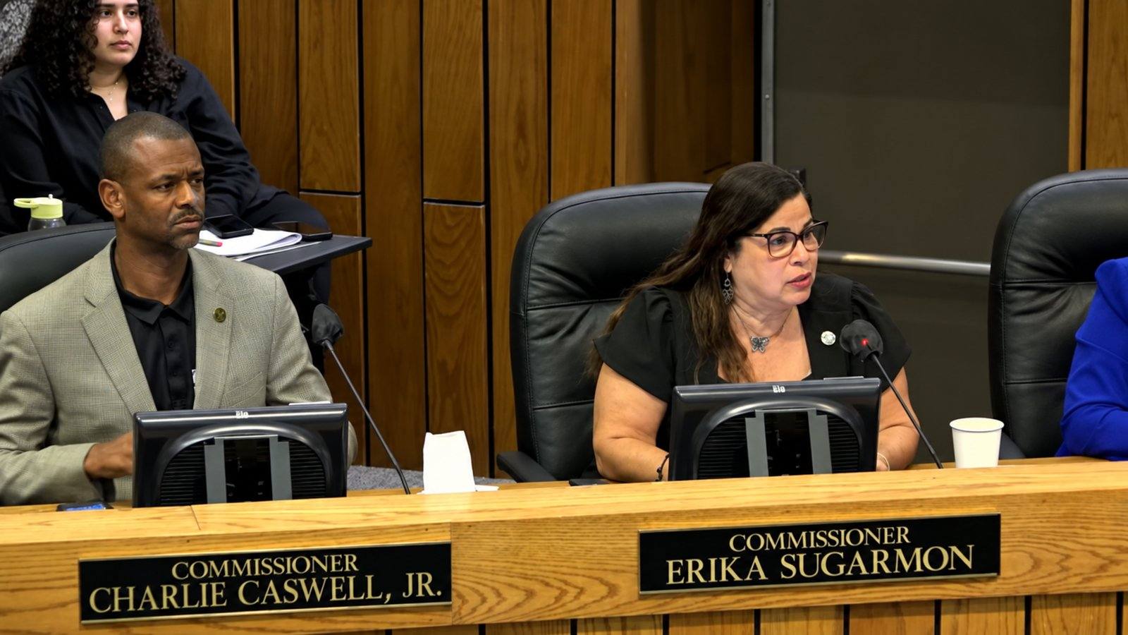 Commissioner Charlie A. Caswell Jr. and Commissioner Erika Sugarmon seated at the Shelby County Commission dais during the Aug. 24, 2026 meeting