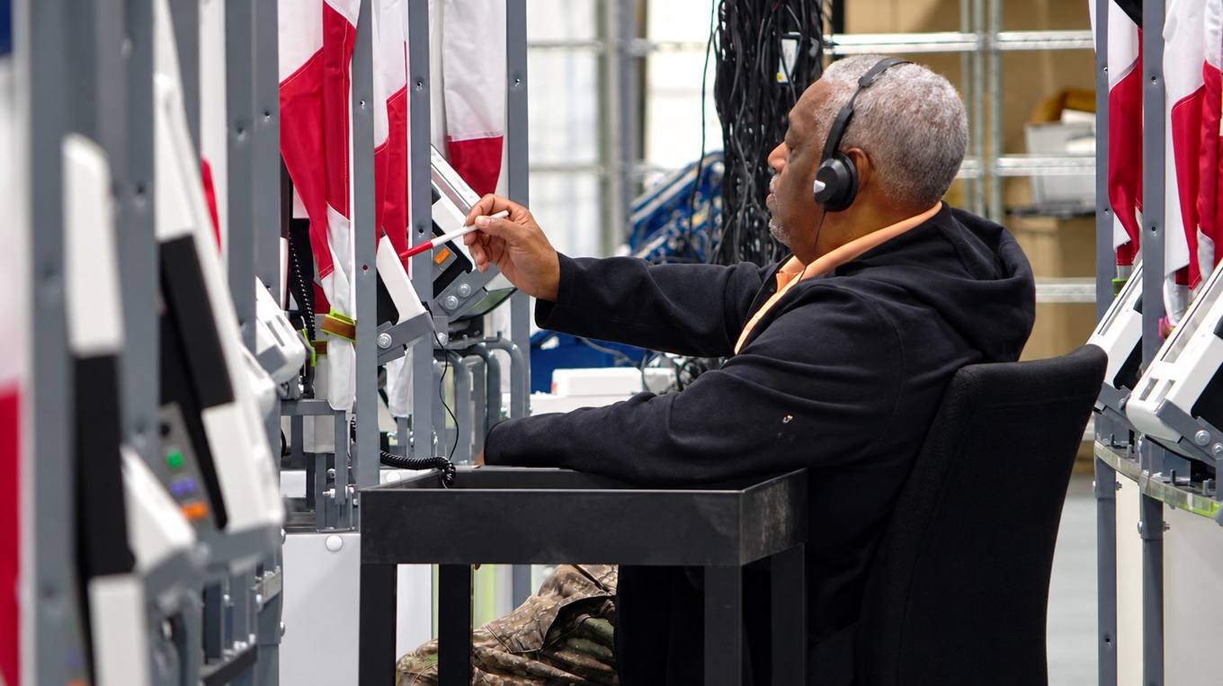 An election official wearing headphones uses a stylus to inspect a voting machine among rows of election equipment.