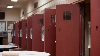 Interior corridor of a county jail showing a row of red detention cell doors with narrow observation windows.