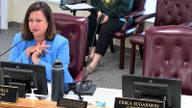 Commissioner Amber Mills speaks at the Shelby County Commission committee table with her nameplate and microphone in front of her