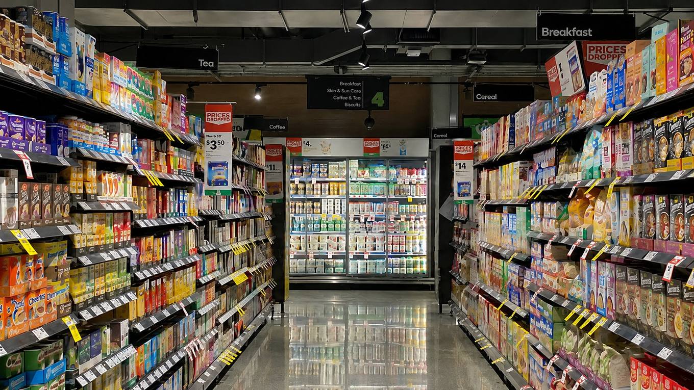 A nearly empty grocery cart in a quiet supermarket aisle under fluorescent light.