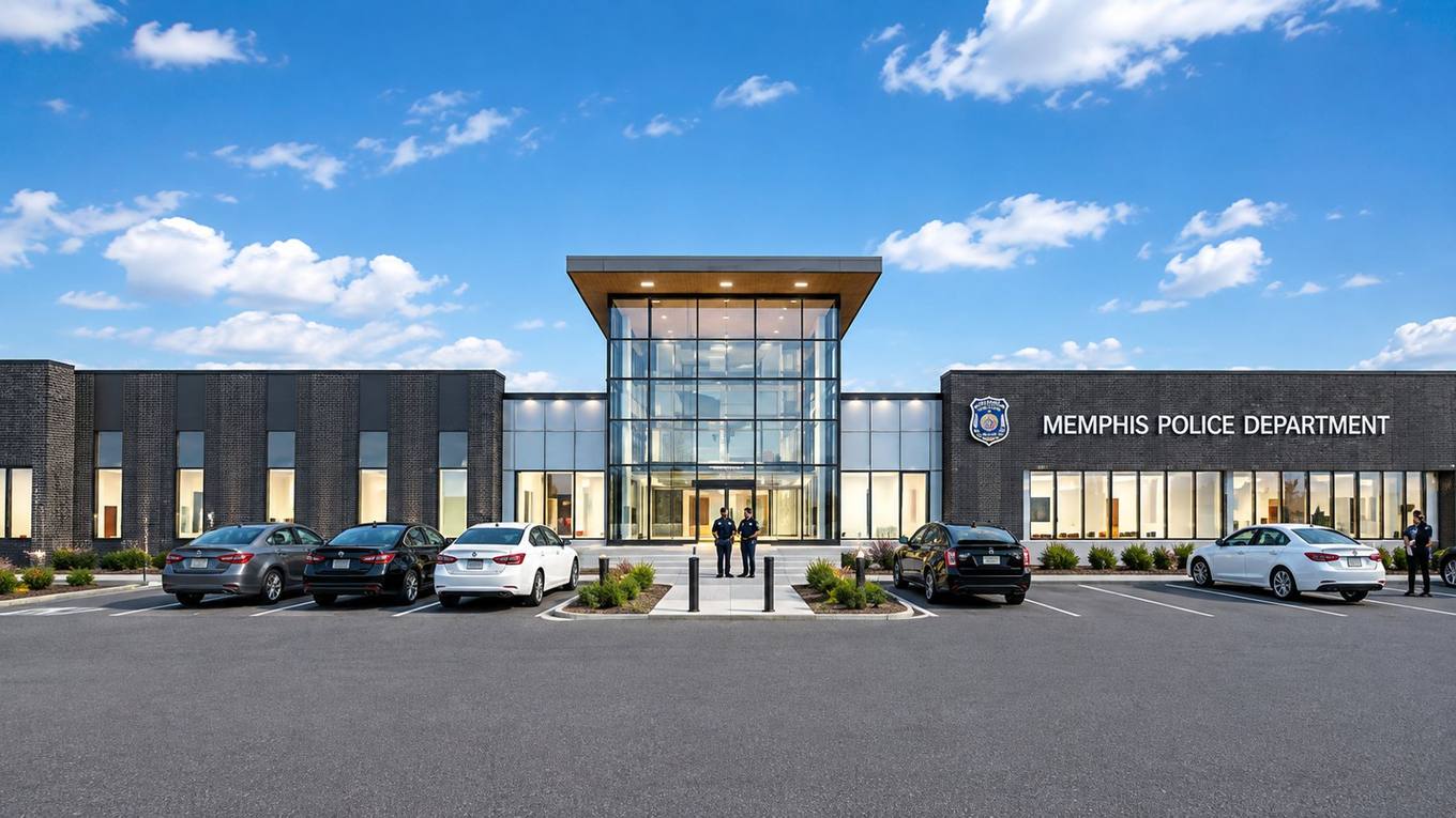 The exterior of a Memphis Police Department station building with patrol cars parked out front under a blue sky.