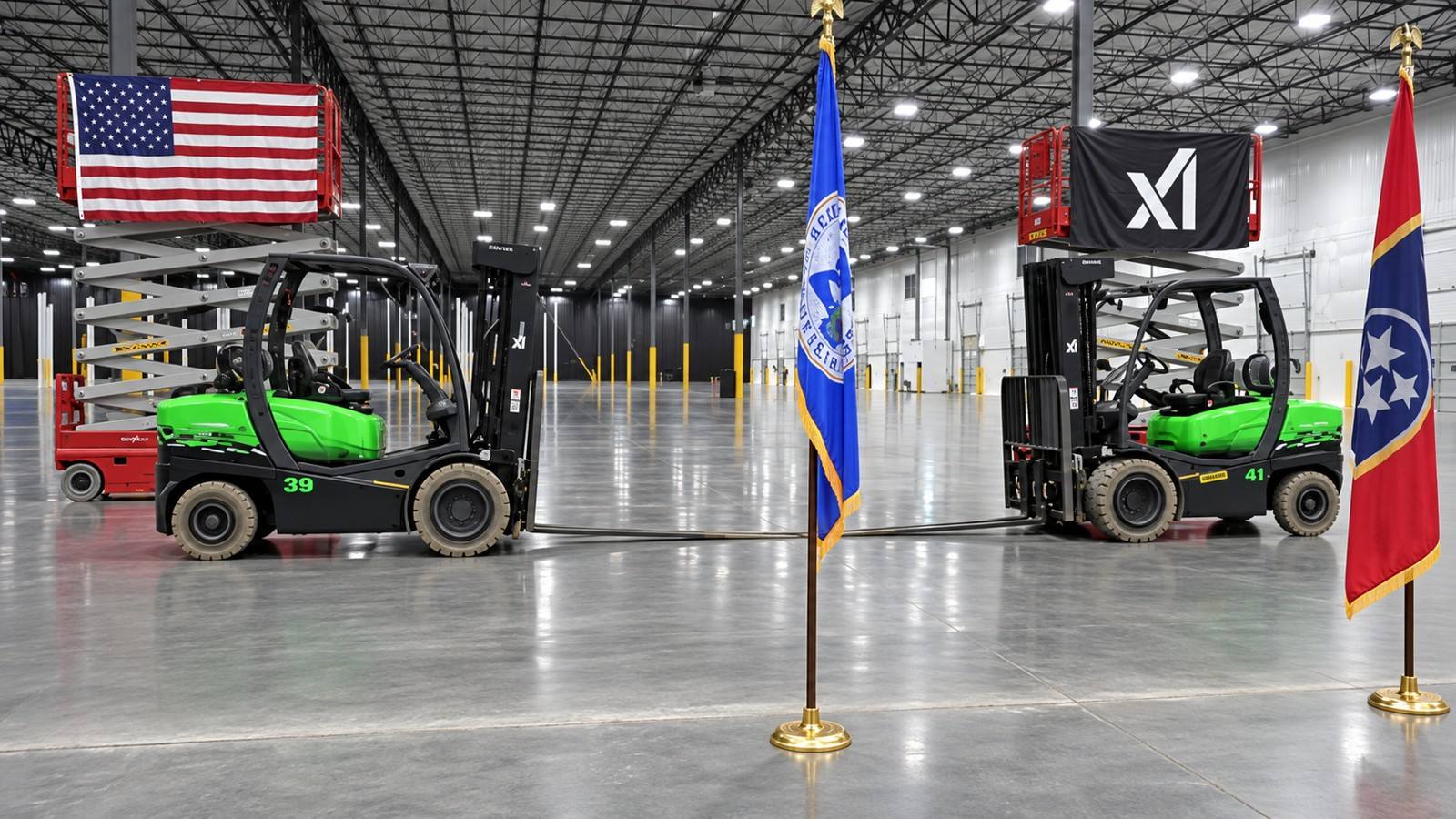 Forklifts and American, Memphis and Tennessee flags inside a large industrial hall, with xAI banners displayed on equipment.