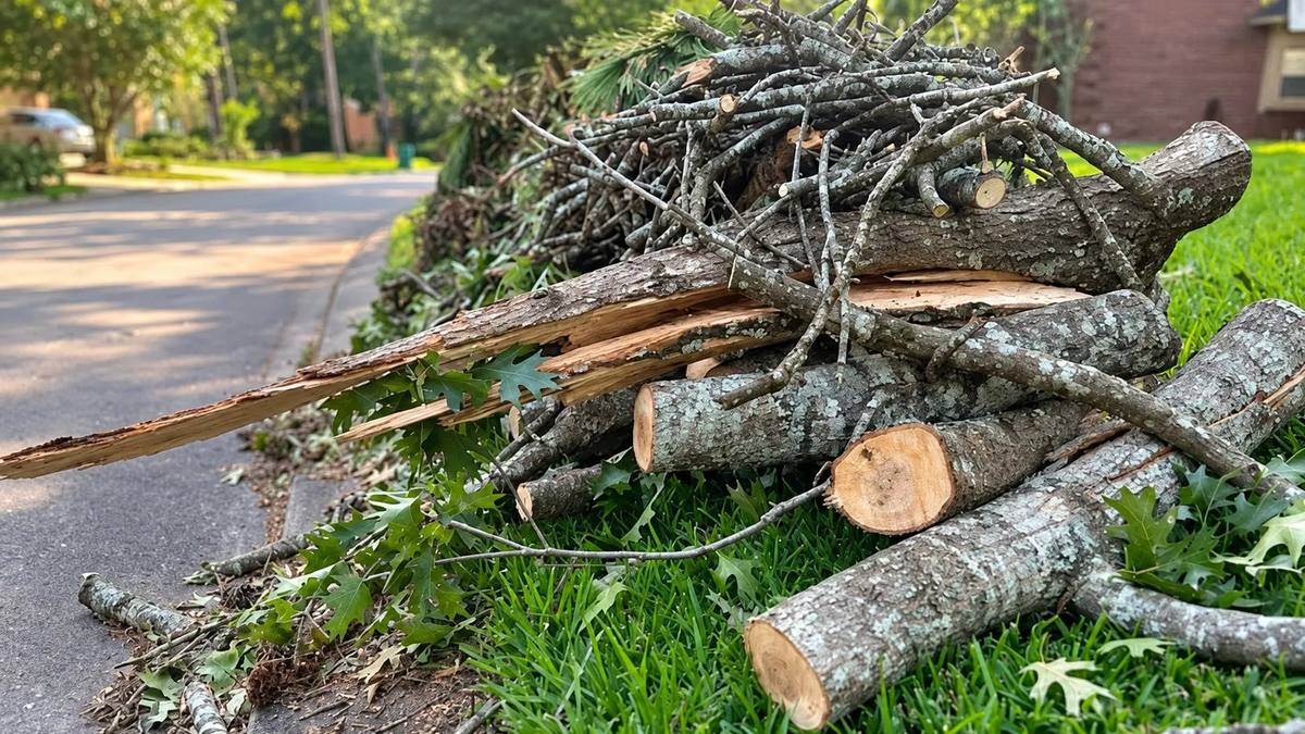 Cut tree limbs stacked at the edge of a suburban road awaiting collection.