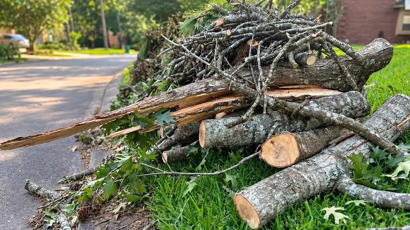 Cut tree limbs stacked at the edge of a suburban road awaiting collection.