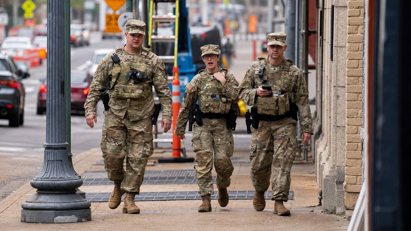 Members of the Tennessee National Guard walk along a Memphis street while supporting the Memphis Safe Task Force.