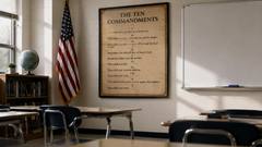 A sunlit classroom with a framed Ten Commandments poster on the wall beside an American flag and rows of empty desks.
