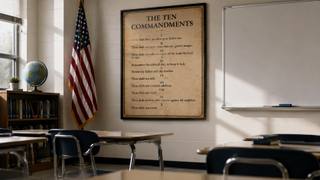 A sunlit classroom with a framed Ten Commandments poster on the wall beside an American flag and rows of empty desks.