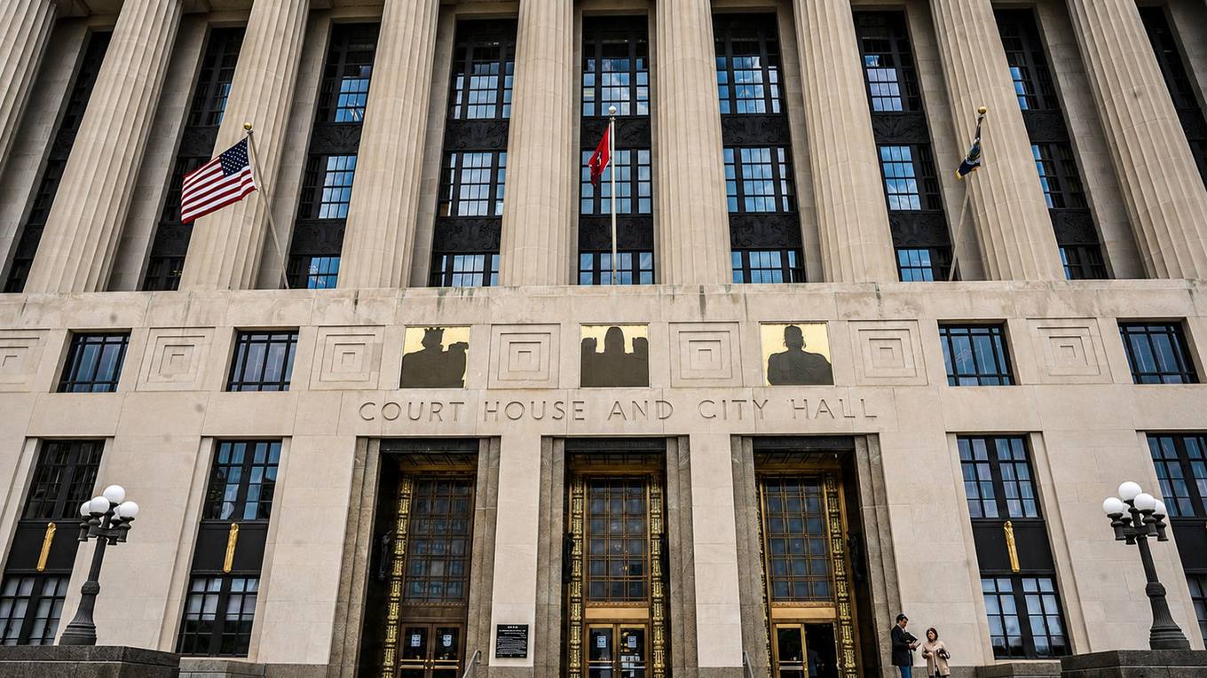The columned facade of a Tennessee court house and city hall building, with United States, Tennessee and city flags flying above the entrance.