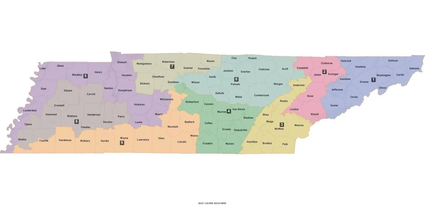 Map of Tennessee showing the redrawn congressional districts, with Shelby County in the southwest corner divided among the 5th, 8th and 9th districts.