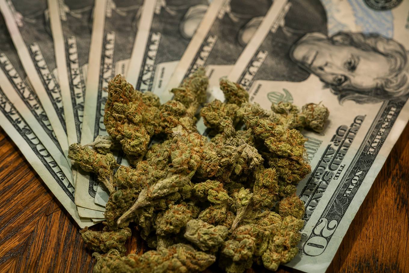Cannabis buds resting on a fan of twenty dollar bills on a wooden table.