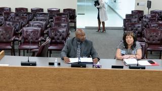 Two county health department officials at a committee meeting, one presenting at a podium beside a projected slide.