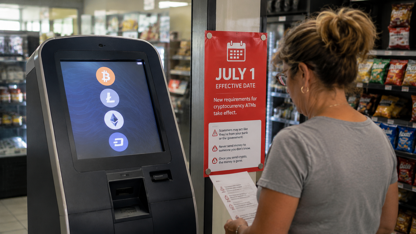 A woman reads a consumer warning notice posted beside a cryptocurrency ATM inside a Tennessee convenience store ahead of the July 1 effective date.