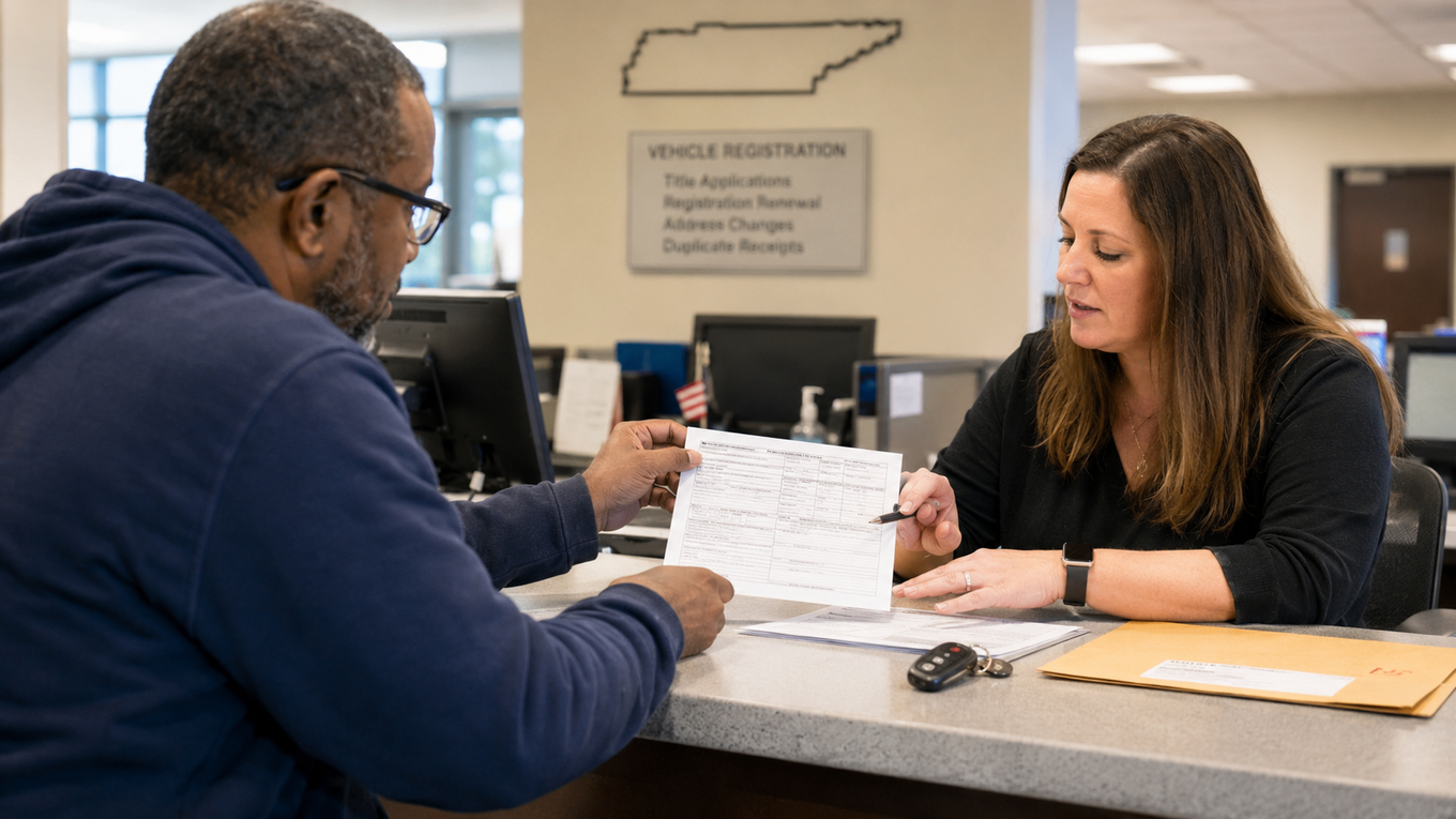 A Tennessee resident reviews a vehicle registration form with a county clerk at a DMV office
