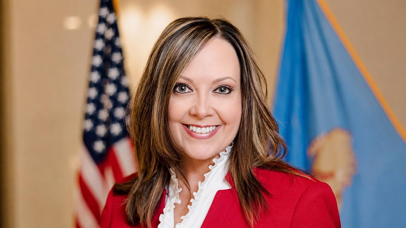 Oklahoma State Auditor and Inspector Cindy Byrd standing before United States and Oklahoma flags.