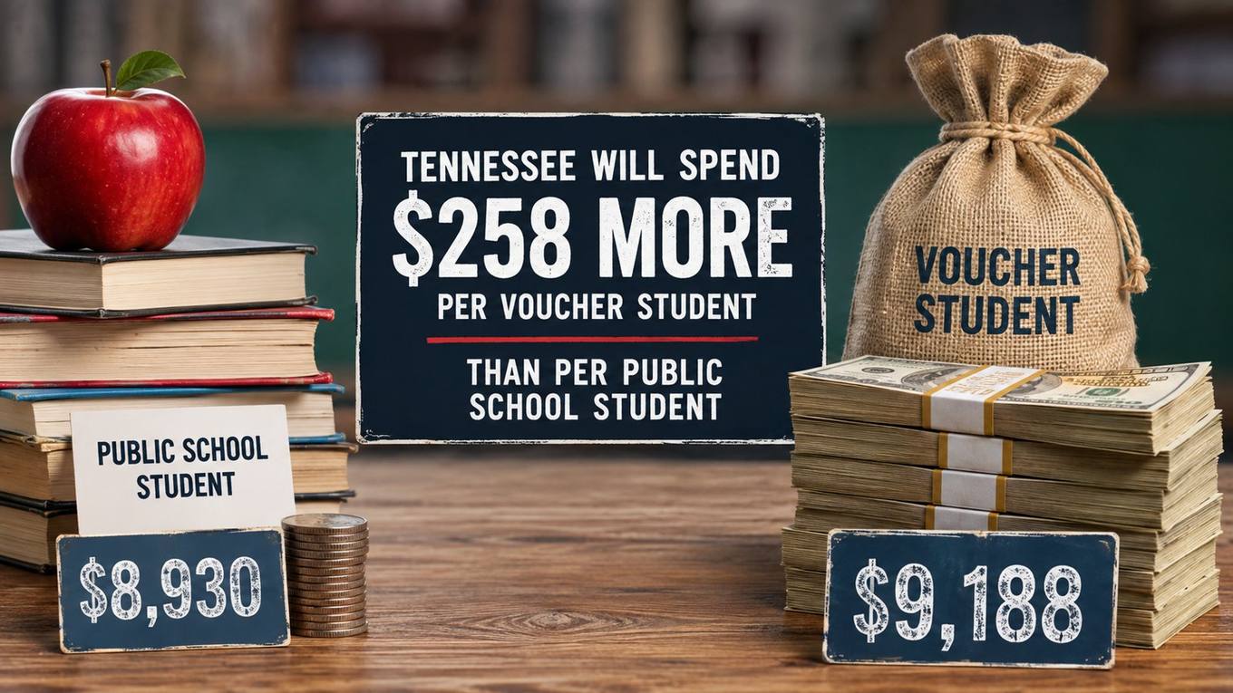 Illustration comparing Tennessee per-student public school funding of $8,930 with a $9,188 voucher amount, showing a $258 higher allocation per voucher student.