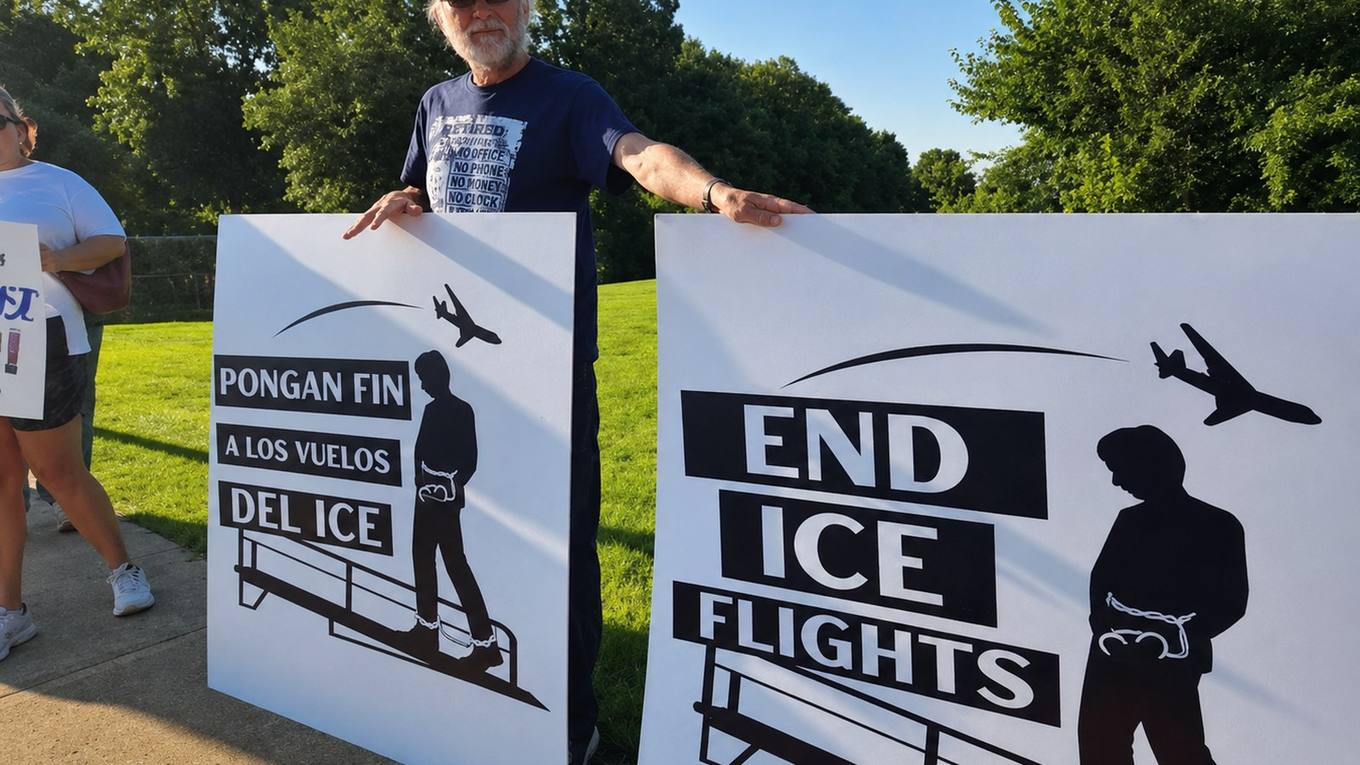 A demonstrator holds two large protest signs reading "End ICE Flights" and "Pongan Fin a los Vuelos del ICE" on a grassy roadside, with another participant standing nearby.