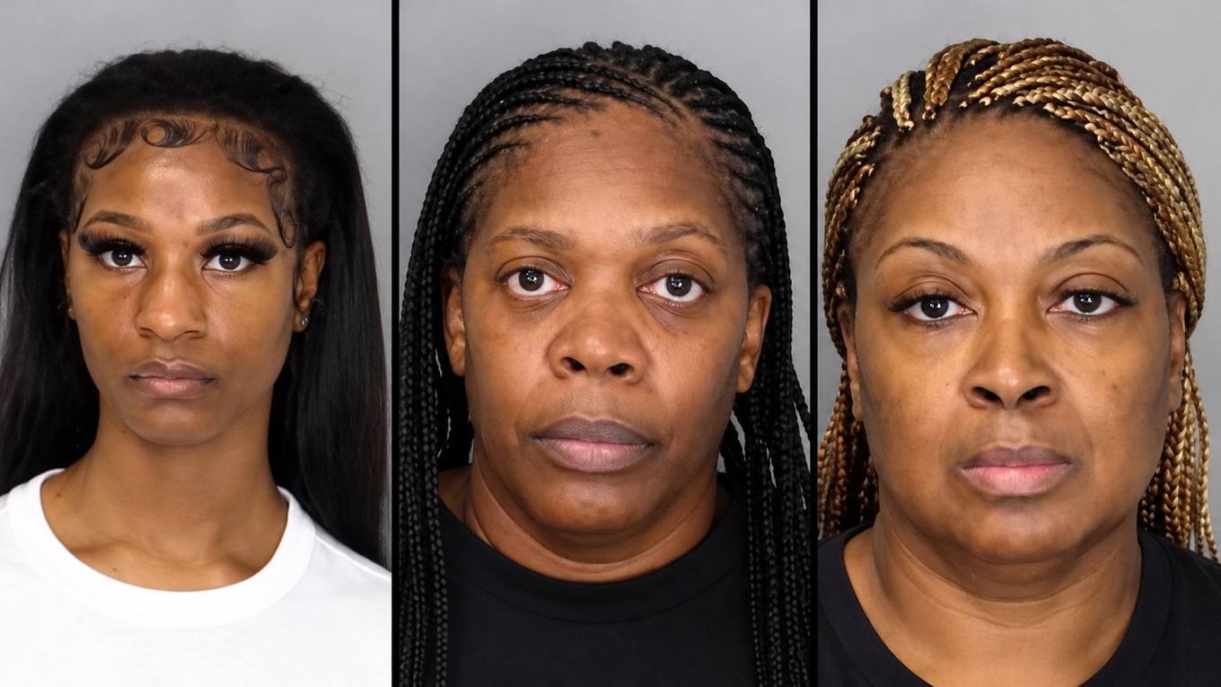 Booking photo collage of Tametria Norry, Amilya Hardin and Sabrina Powe, in that order.
